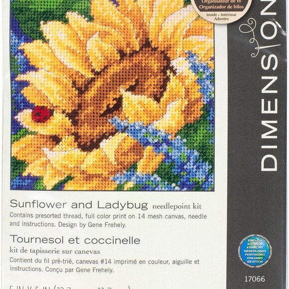Needlepoint Kit, Sunflower and Ladybug Floral Needlepoint, 5" x 5" - Picture 1 of 7